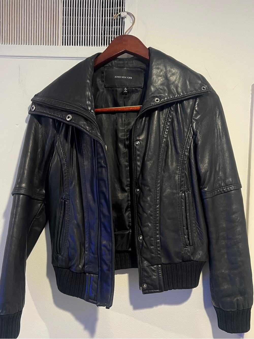 Jones New York Black Leather Bomber Jacket with Snap Placket